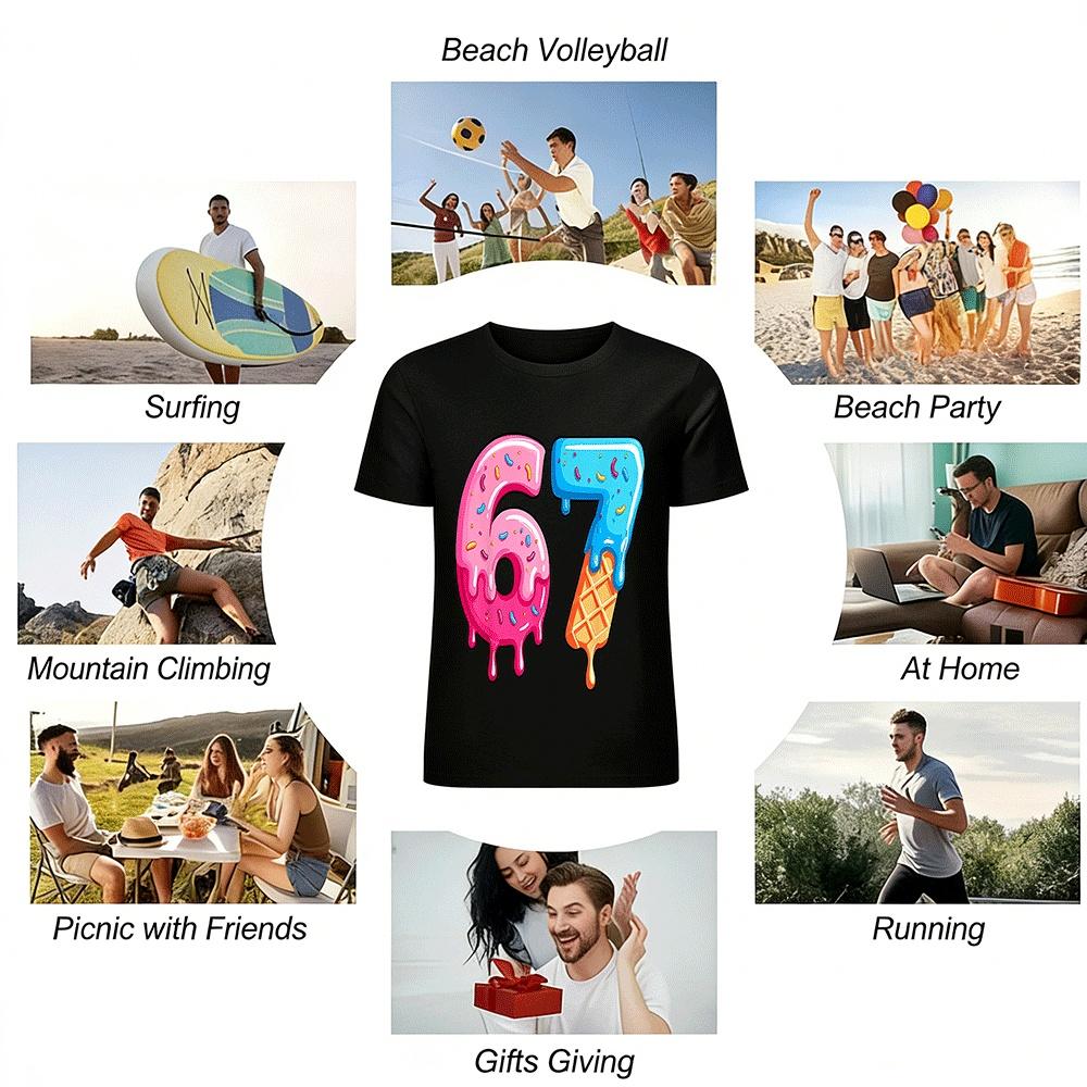 Fun Dripping Number 67 Ice Cream Donut Graphic Casual Tee Pure cotton T-shirt