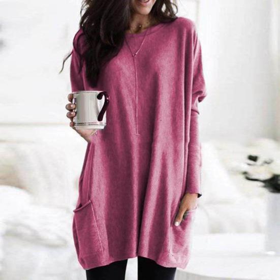Dámské jednobarevné tričko velké velikosti s dlouhým rukávem, tunika s kapsami
