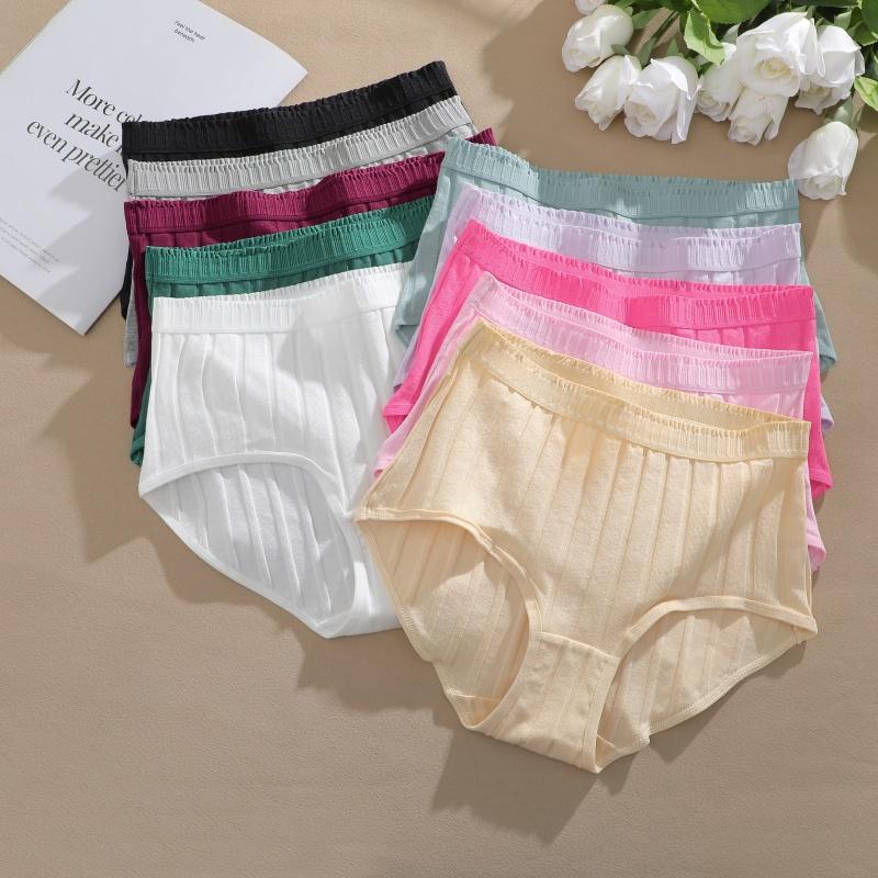 FINETOO 6PCS/SET Women Basic High Waist Striped Panties Cotton Breathable Daily Multi Color Set Butt Lifting Plus Size Comfort Underwear