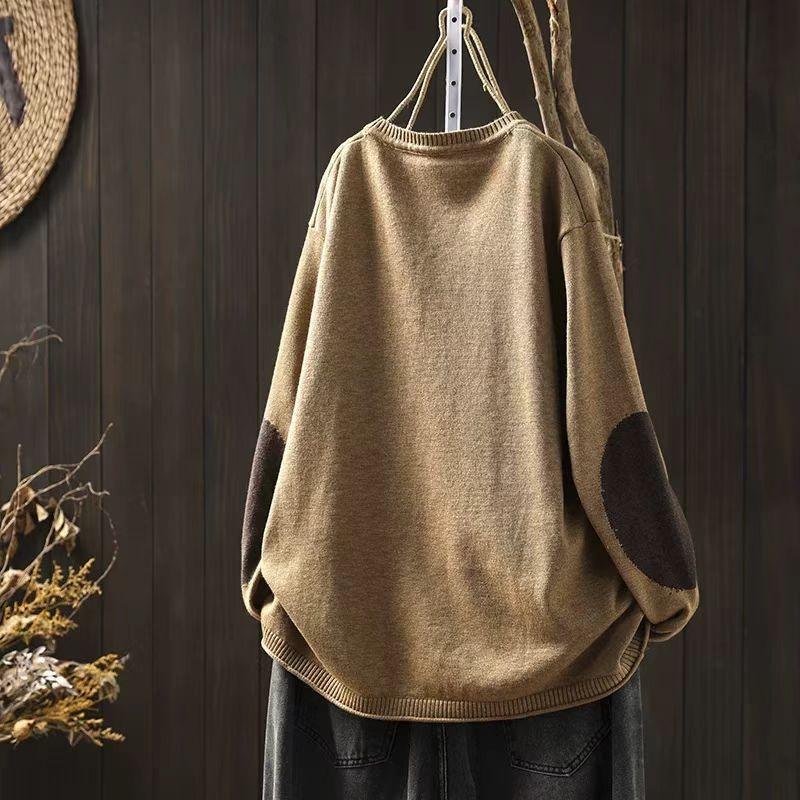 Johnature Nischen-Spitzen-Patches O-Ausschnitt Lockerer Freizeitpullover Damen Wintermode Chinesischer Stil Langarmpullover