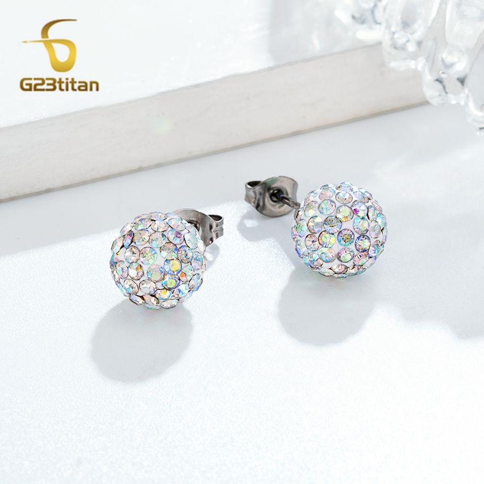 Colors Crystal Bead Polymer Clay Earrings G23 Titanium Ear Stud Micro Pave Rhinestone Disco Ball Hypoallergenic Piercing Zircon