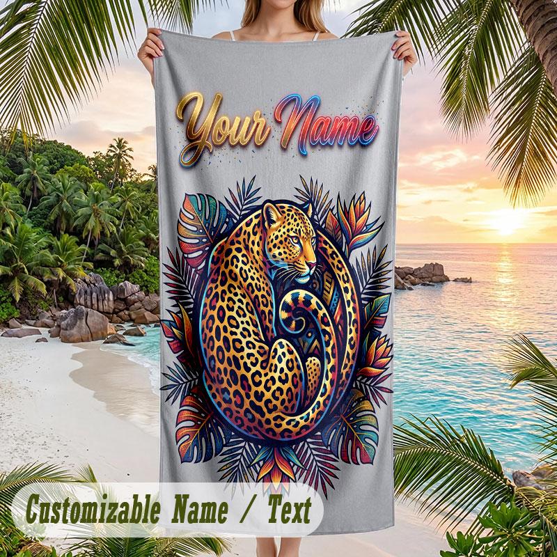 Leopard Print Style Theme Quick Dry Beach Towel Custom Name Text Print Large Sand Resistant Towel Beach Vacation