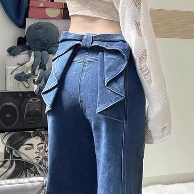 3D Decorative Bow Jeans: Women's Slimming Narrow-Leg, Wide-Leg Patchwork Pants for Spring & Summer.