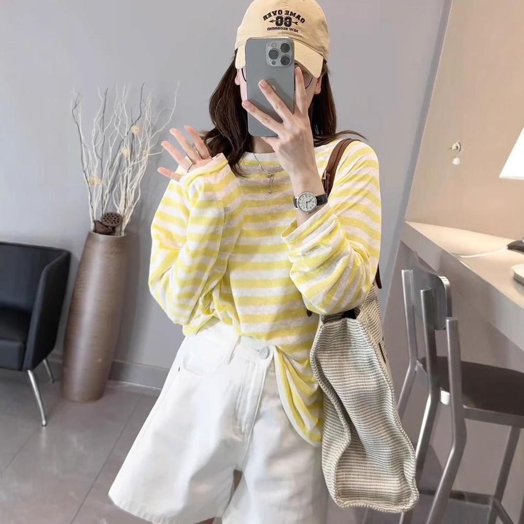 Women's 2024 Korean Retro Striped Color Block Sun Protection Long Sleeve Top