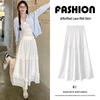 Women's White Ruffled Lace Patchwork A-line Midi Skirt, High-Waist, Spring/Summer 2025 Collection