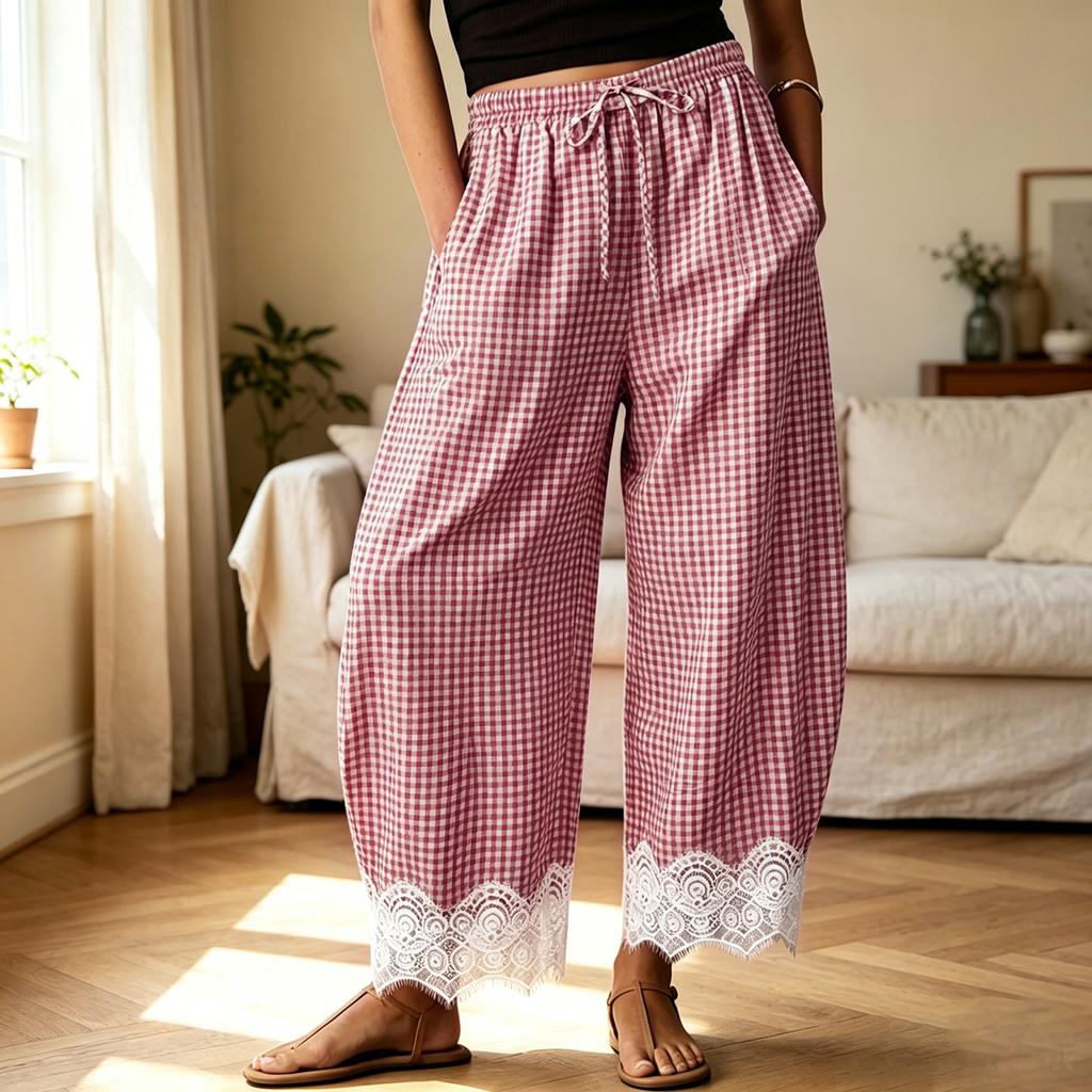 Pantaloni a Quadri Larghi da Donna con Vita Elastica e Bordi in Pizzo per Uso Quotidiano Casual
