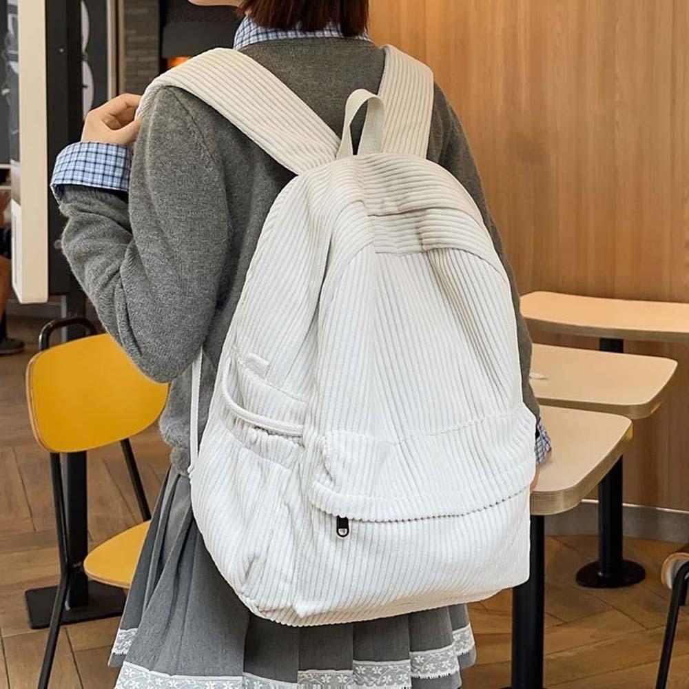 Lightweight Corduroy Backpack Large Capacity Casual Students Daypack Solid Color School Bag  Travel