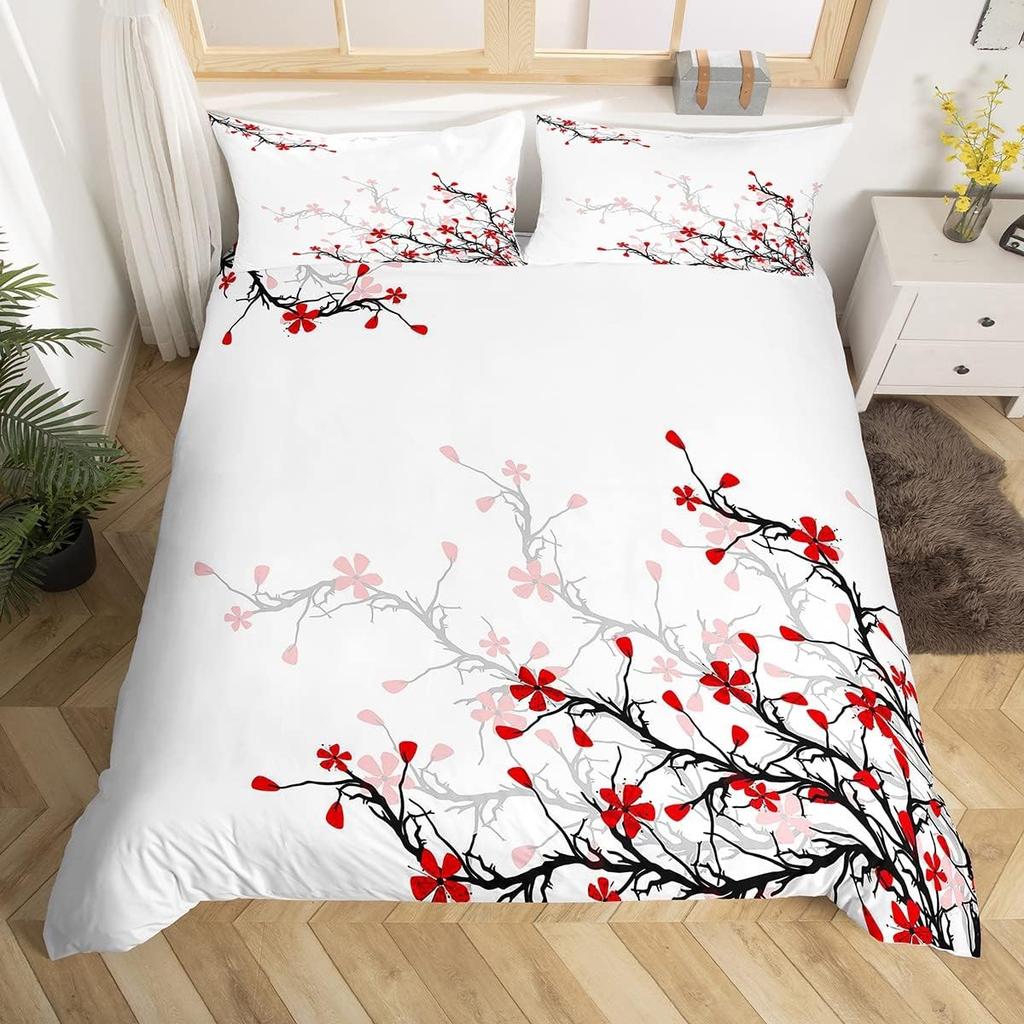 Cherry Blossoms Duvet Cover King for Women Ink Painting Black White Comforter Cover Romantic Theme Bedding Set with 2 Pillowcase