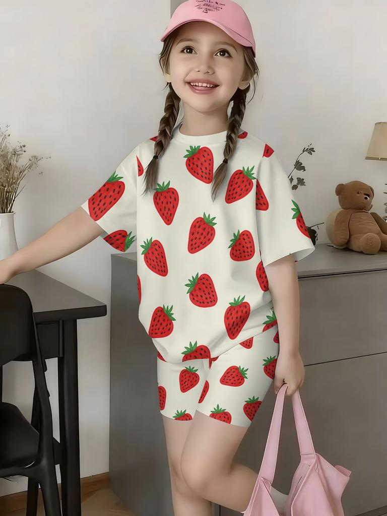 Girls Summer New Casual Floral Print Short Sleeve Top Color Shorts Sweet Style 2‑Piece Children Daily Outdoor Fashion Set
