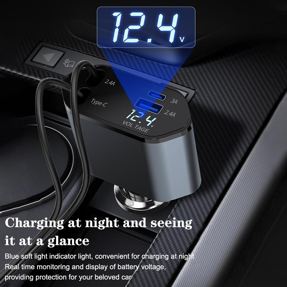 24V 12V PD USB Chargers QC 3.0 Socket Power Adapter Car Splitter Cigar Lighter Plug 4 Ports Type-C Lighting Cable Stretchable