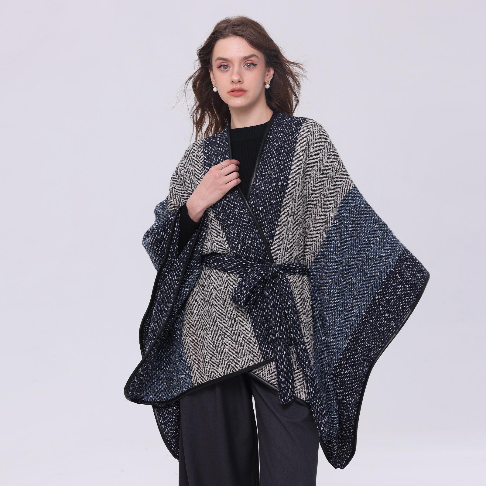European & American Vertical Stripe Autumn/Winter Shawl Cloak