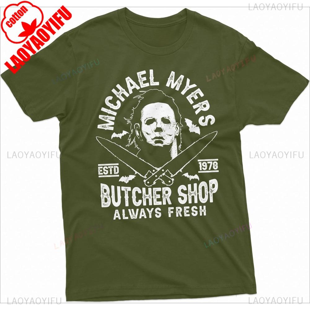 Michael Myers Horror Movie Shirt Butcher Shop Always Fresh Shirt Classic Scary Role Tee Men Summer Crewneck Cotton Short Sleeve