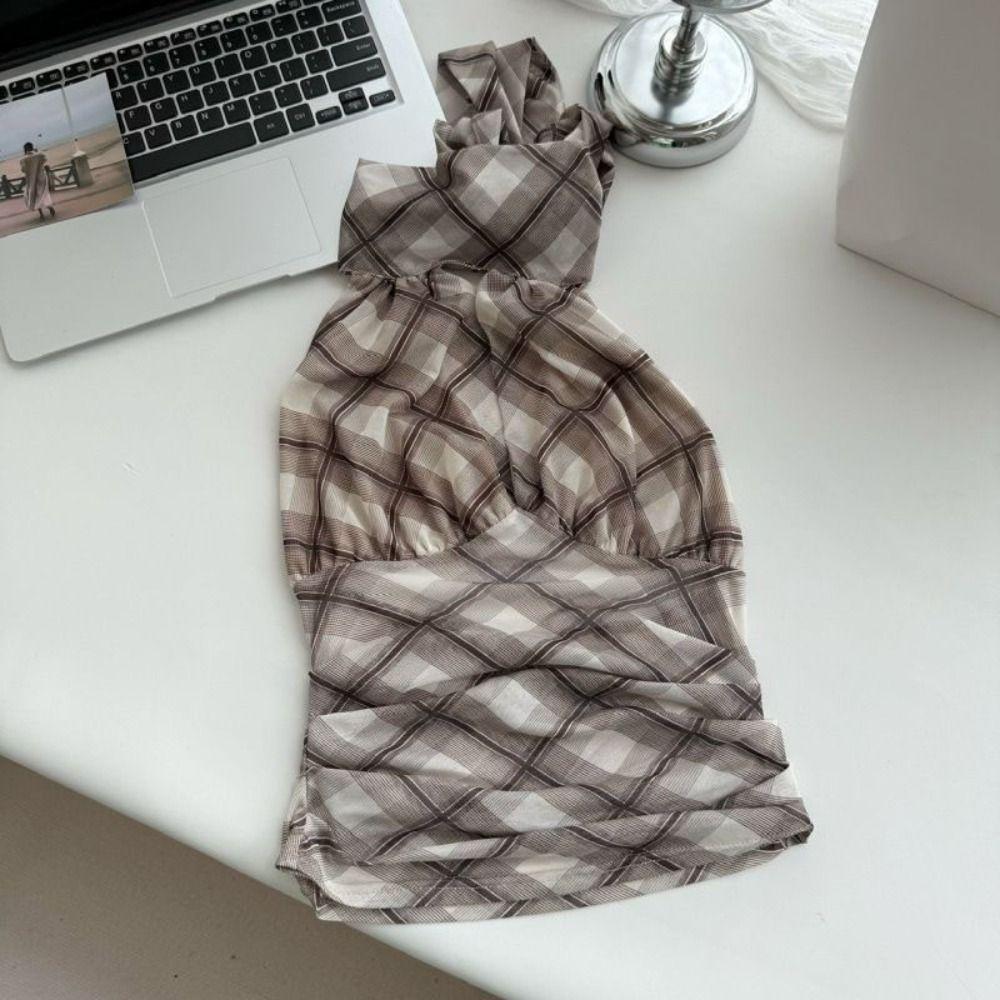 Plaid Stripe Slim Crop Tops Pleated Suspender Vest Halter Sleeveless Camisole  Spring Summer