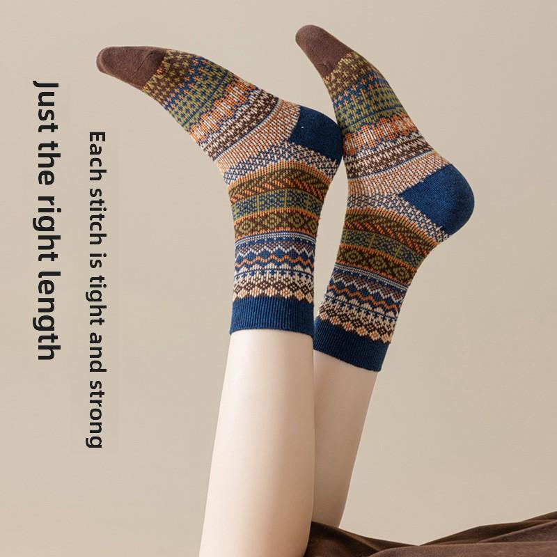 5 Pairs of Women's Spring and Autumn Vintage Ethnic Style Trendy Mid Calf Stackable Socks