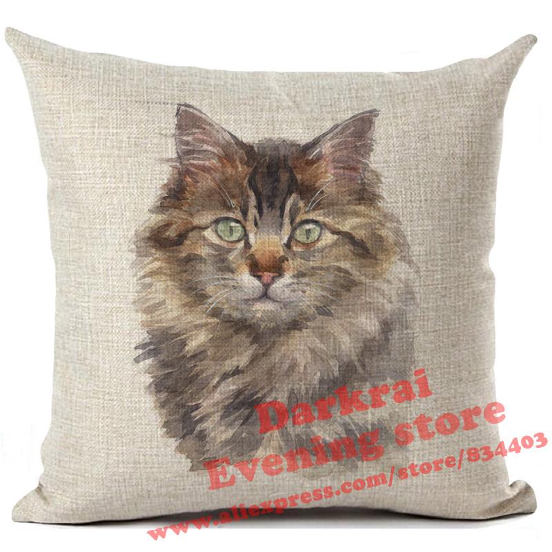 Cushion Cover Watercolor Cute Cat Printed Linen Pillow Cover Car Sofa Decorative Throw Pillows Home Decoration Pillowcase