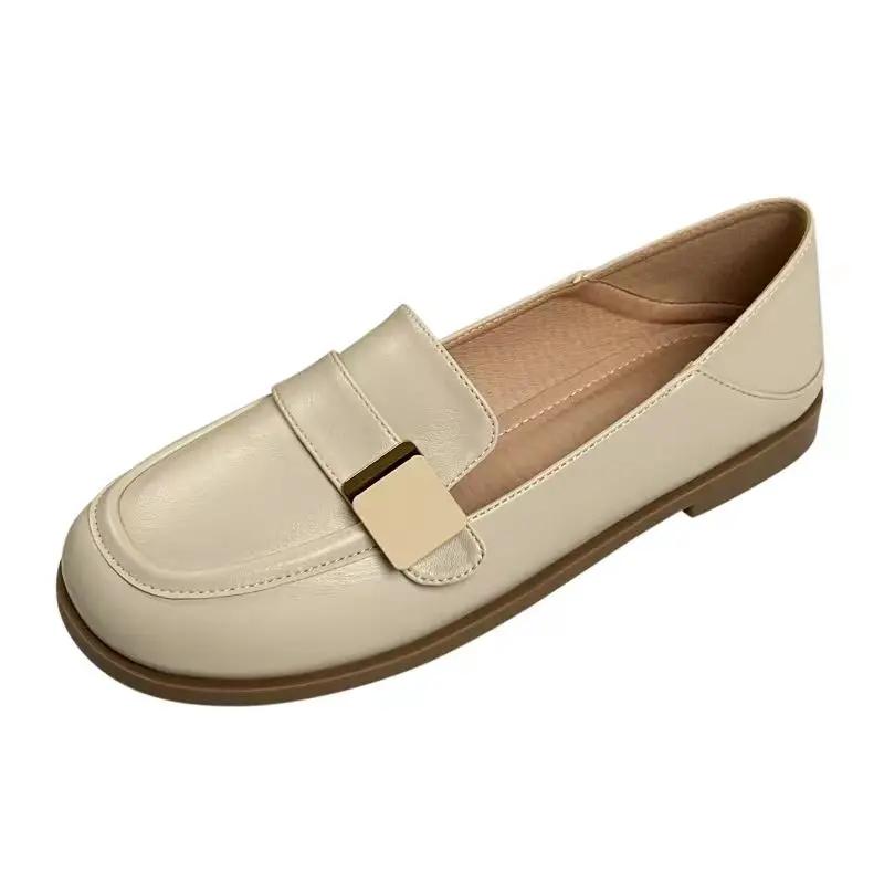 Round Toe Loafers Beige Moccasins Flat Woman Footwear Luxury Leather Casual Flats Low Heel Elegant Office Shoes For Women Chic A