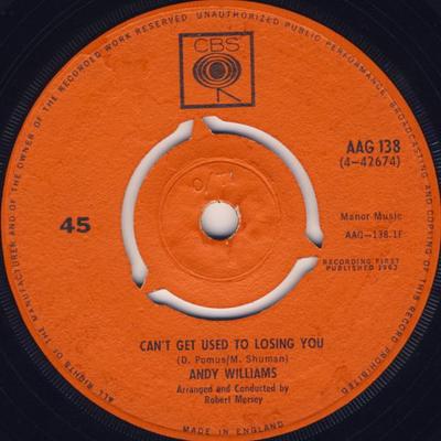 7inch Record ANDY WILLIAMS - Can't Get Used To Losing You AAG138 CBS 1963 UK Pop Used