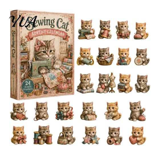 24 Day Christmas Countdown Cat Advent Calendar, with Cute Ornaments, Calendar 2D Acrylic Kitty Holiday Decorations, Gift for Kids, Party