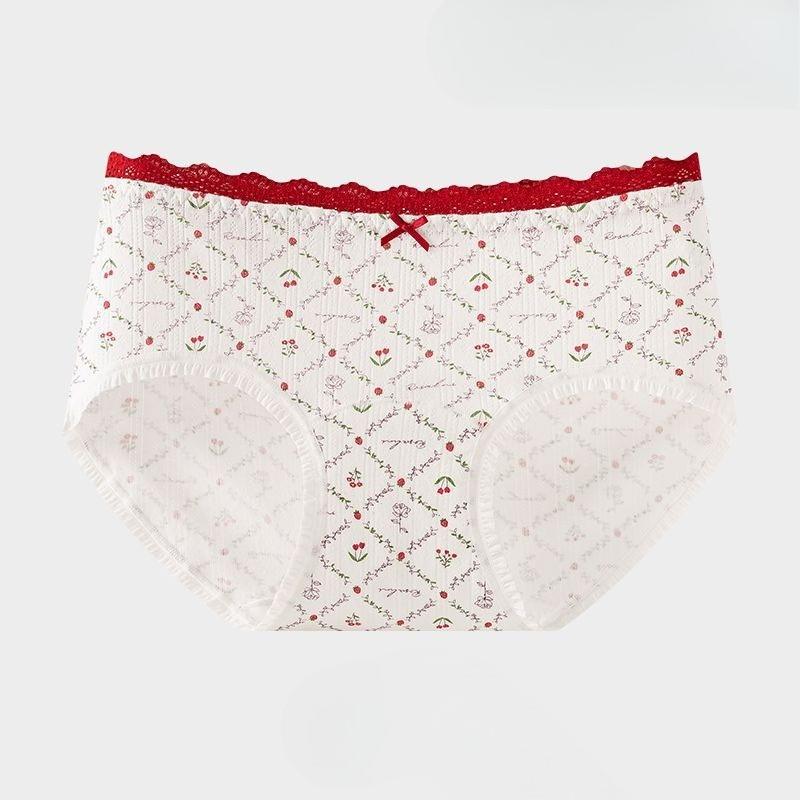 Girl Spring and Autumn Benming Year Red Sweet Lace Edge 10A Bacteriostatic Extended Crotch Breathable Briefs M