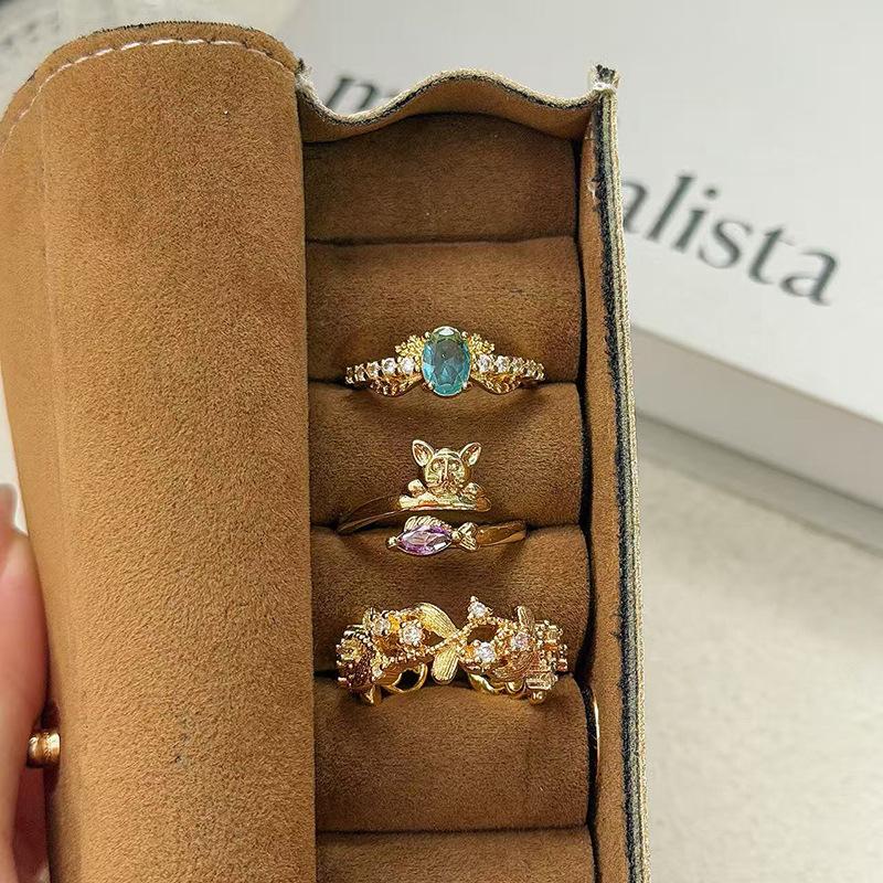 Medieval Vintage Colored Treasure Wings Flash Diamond Zir*****Pen Ring Niche High-End Light Luxury Ring Woman