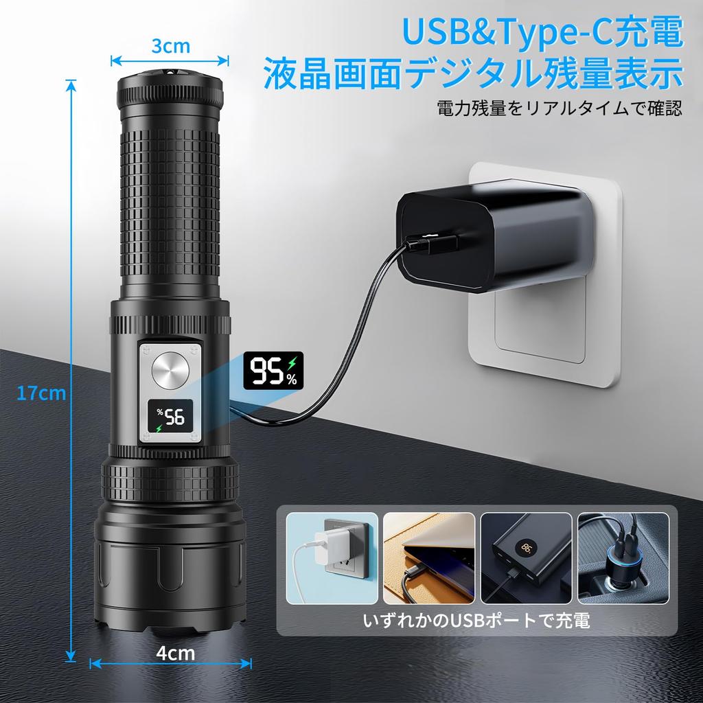 B1 High 7 Dimmable 18650 Ideal for and Nighttime Training Flashlight, Military-Grade, Rechargeable, Type-C, White/Red COB, Brightness, Modes, Battery,