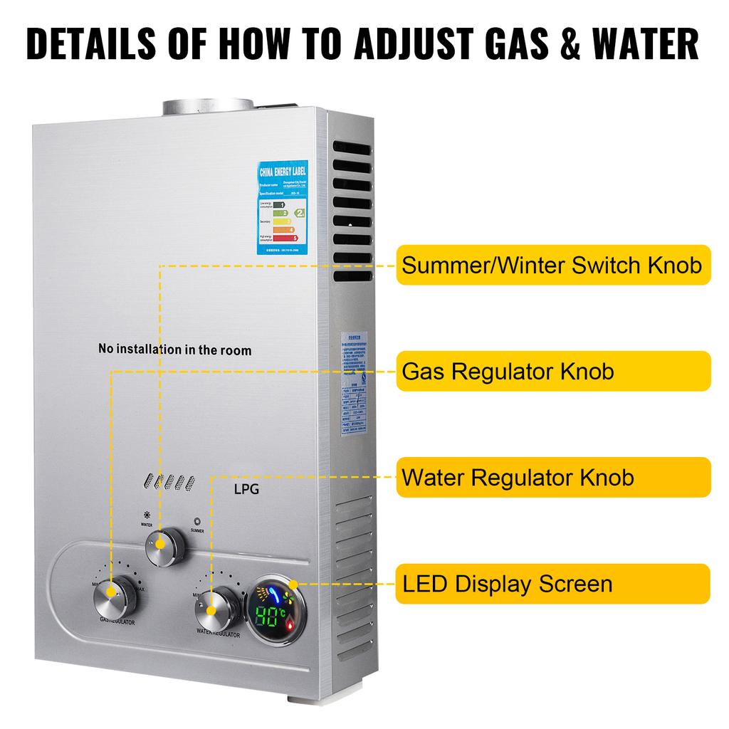 SIHAO 6L 8L 10L 12L 16L 18L GPL Portatile Scaldabagno Istantaneo a Gas Propano GPL Murale Senza Serbatoio Display Digitale
