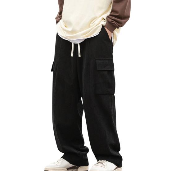 Men Pants Elastic Waist Adjustable Drawstring Long Pants with Flap Pockets Solid Color Loose