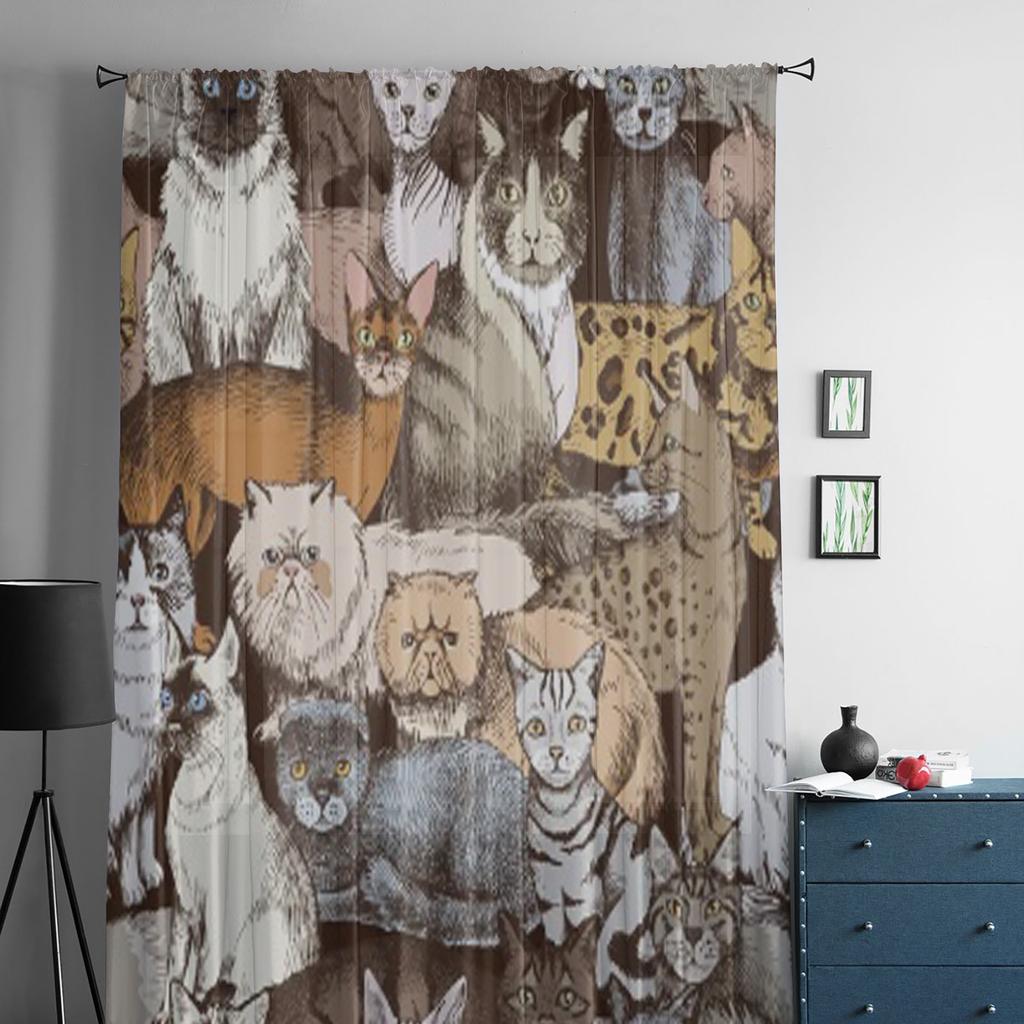 16 Bunte Handgezeichnete Rassekatzen Chiffon Transparente Vorhänge für Wohnzimmer Schlafzimmer Dekoration Fenster Voiles Tüllvorhang