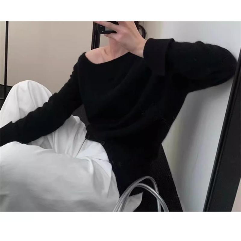 Elegant Loose Slanted Shoulder Knitted Pullover Striped Sweater Casual Gentle Autumn Women Fashion Long Sleeve Tops Loose Casual Office Thin Clothing