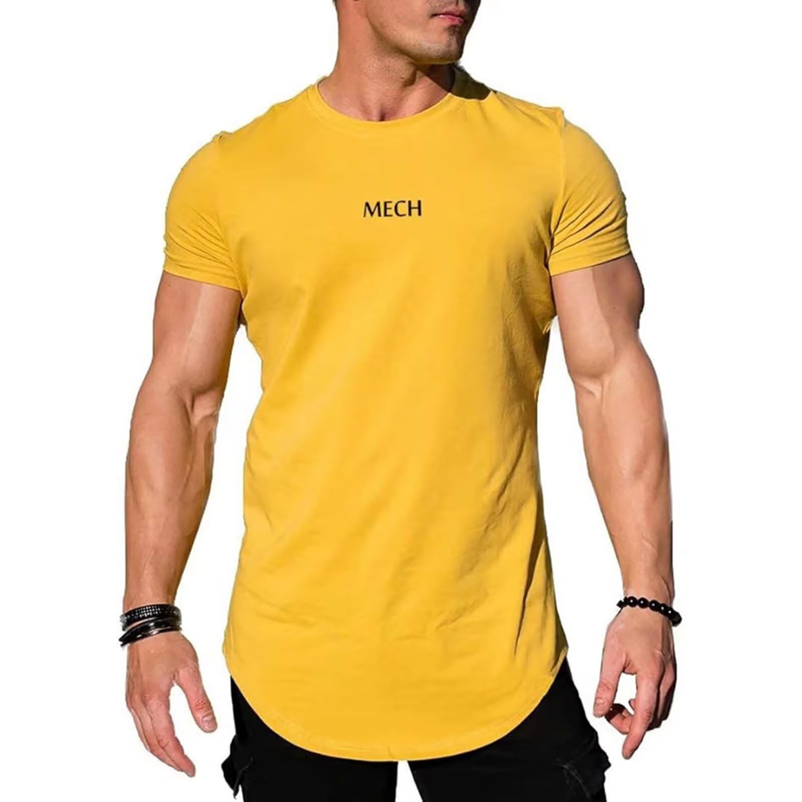 

Mechieng Men s Training T-Shirt, Short Sleeve, Stretch Sports Shirt, Strength Training Wear, Fitness, Yellow, Size M