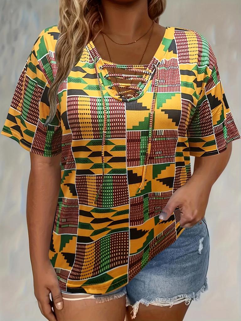 Top Casual da Donna a Manica Corta Tie Dye con Lacci e Scollo a V Taglie Forti