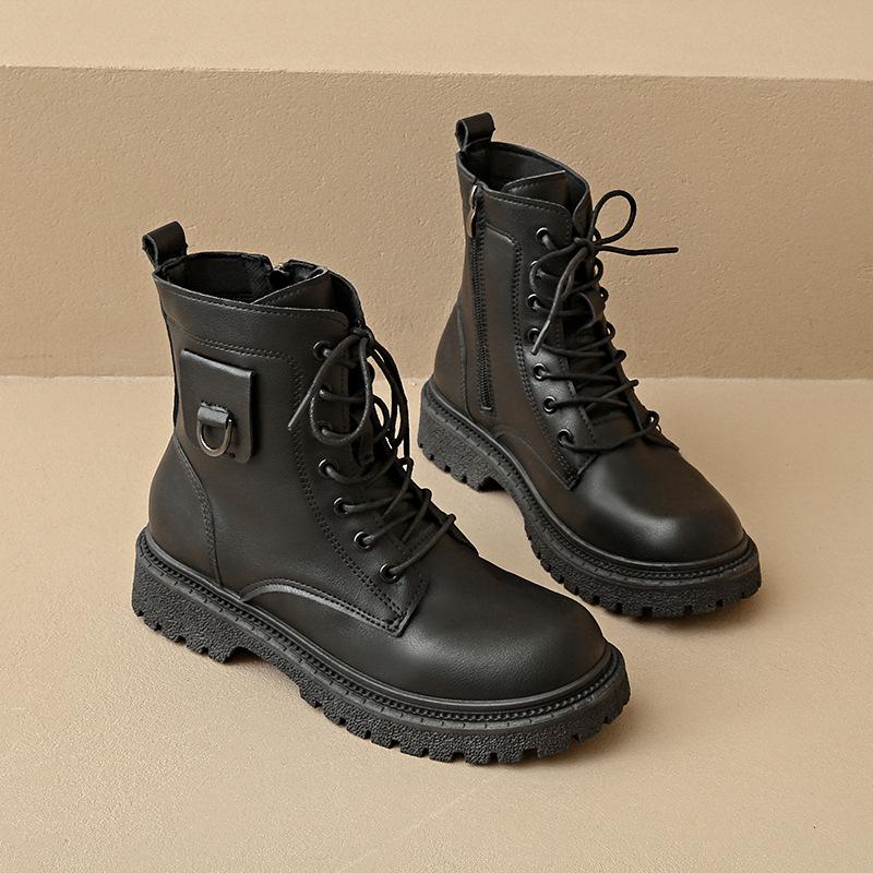 

Martin boots 2025 autumn and winter new round head short tube Korean version single thick-soled lace-up casual leather boots spot women s boots 36 чёрный
