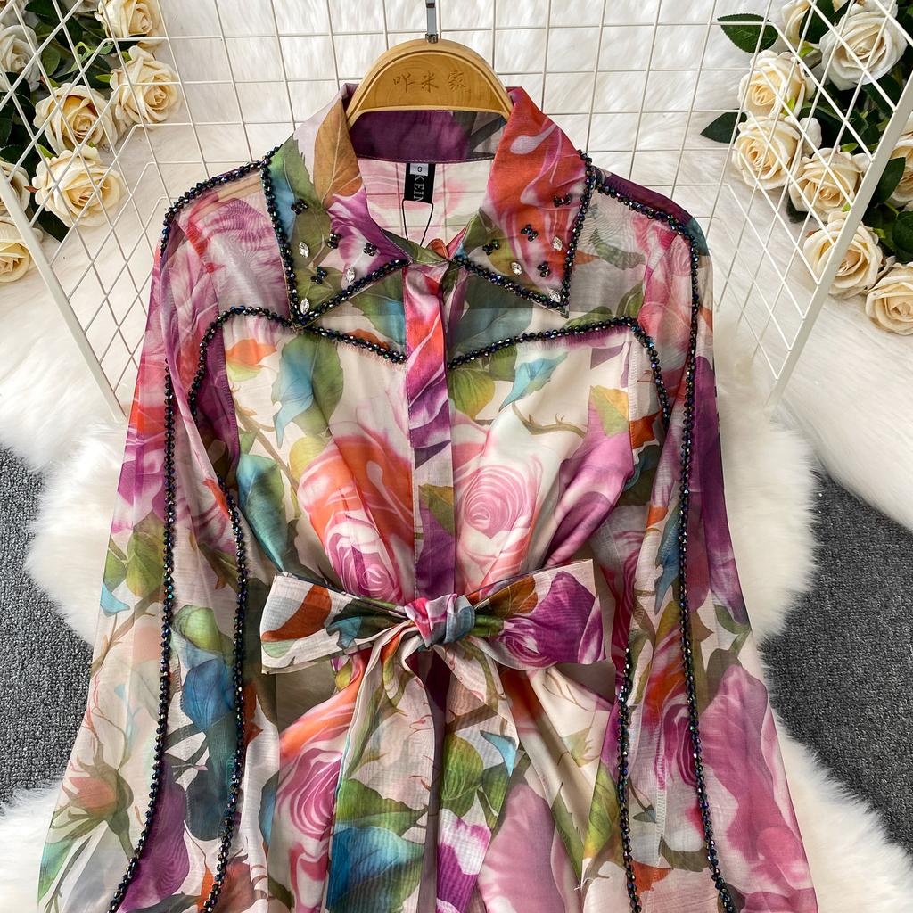 Diamond Embedded Gemstone Collared Long Dr Women's Slimming Beautiful Holiday Print Full Dresses  A-Line Woman Dress