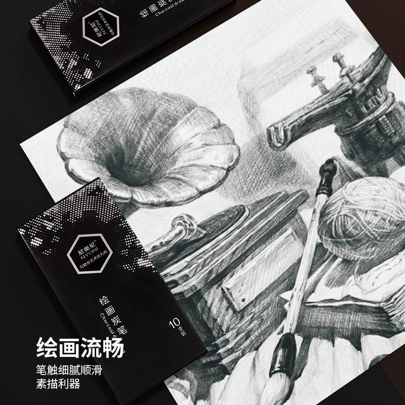 Professional Charcoal Pencils Drawing Set -10 Pieces Soft, Medium And Hard For Drawing, Sketching, Shading, Beginner Artists