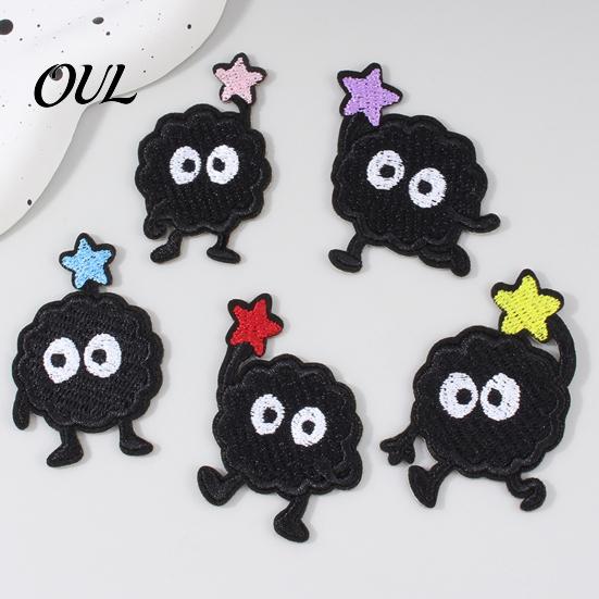 Glue Backing Patch 6 Pcs Cartoon Embroidered Patches, Iron on Sew Decorative Appliques, Customizable Embroidery Cute Black Ball Patches for