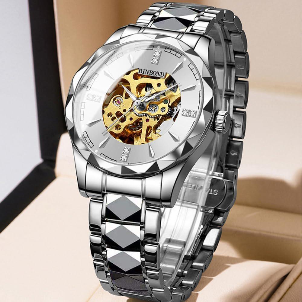BINBOND Men's Automatic Mechanical Watch Skeleton Hollow Blue Dial Diamond Stainless Steel Waterproof Luxury Business Wristwatch