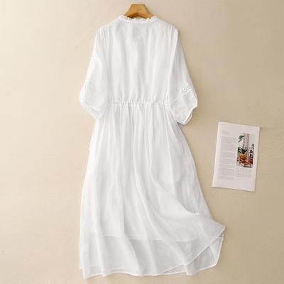 Loose Solid Color Cotton and Linen Big Swing Skirt Women's Summer New Holiday Style V-neck Seven-quarter Sleeve Temperament Dress