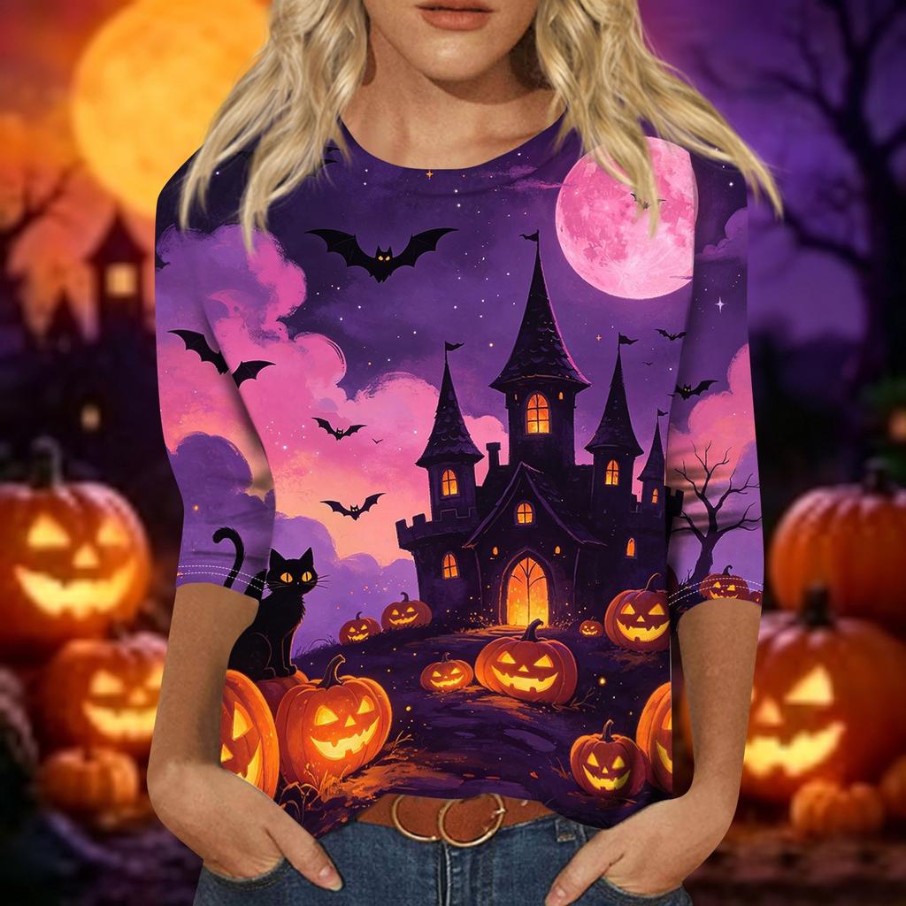 Women’s Casual Three Quarter Sleeve Crew Neck Top Tie Dye Halloween Themed Print Relaxed Fit Soft Fabric for Daily Wear