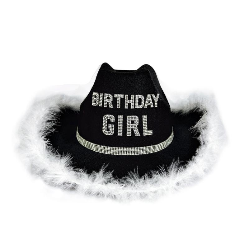 

Feathered Birthday Girl Hat with Adjustable Chin Strps Rhinestones Decoration Party Hat For Girl Birthday Photography чорний