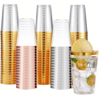 50/100 Stück 10 oz Einwegbecher mit Goldrand Einweg-Plastikbecher für Party Verdickter Plastikbecher Geburtstags-Hochzeitsbedarf