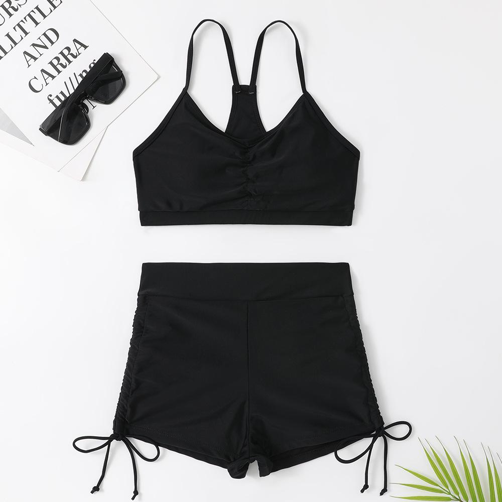 2025 European Solid Color High-Waisted Push-Up Bikini - Slimming, Tummy Covering, and Conservative Women's Swimsuit