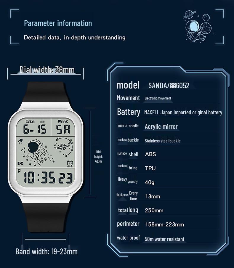 Sanda New Electronic Astronaut Watch – Square Strap, Detachable, Digital for Teens and Students