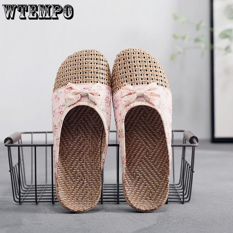 Linen Slides Women's Outer Wear Shoes Summer Thick Bottom Sandals Indoor Home Soft Bottom Non-slip Grass Rattan Slipper Outdoor Beach Flip-flops