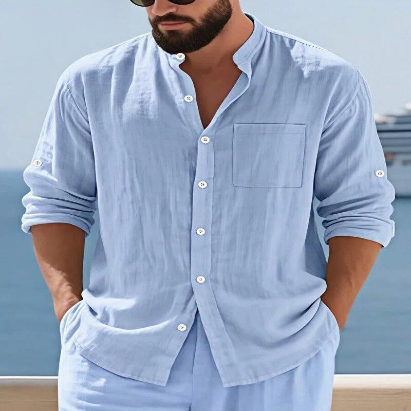 Spring Autumn Men's Cotton Linen Long Sleeve Button Up Shirt Vacation Casual Breathable Top