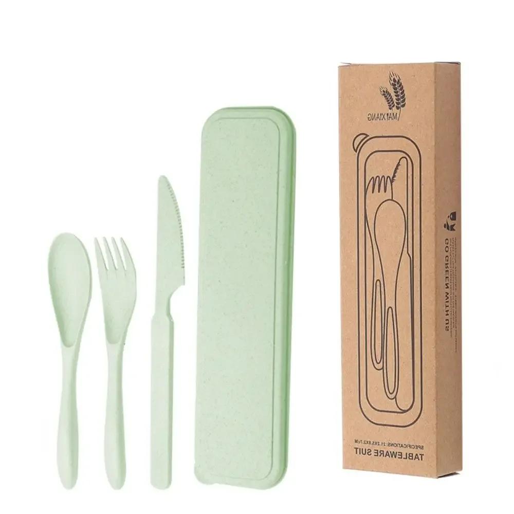 Practical Tableware Reusable Camping Utensil Set Ultralight Wheat Straw Camping Spoon Fork with Case Plastic Travel Utensils
