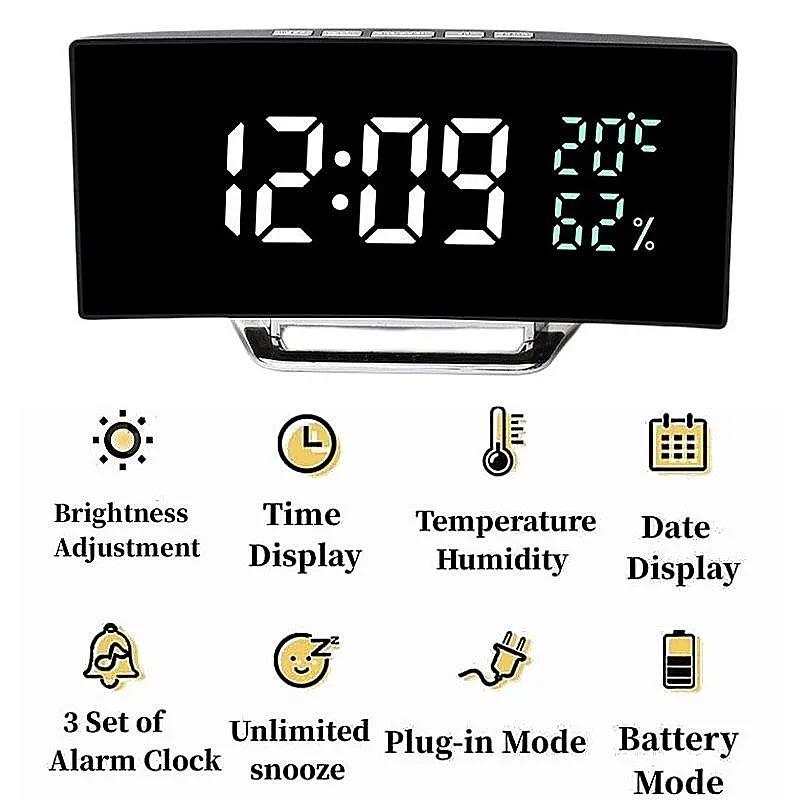 Mirror Digital Alarm Clock Temperature Date 2 Levels of Brightness Adjustment Snooze Table Clock 12/24H Night Mode LED Clock