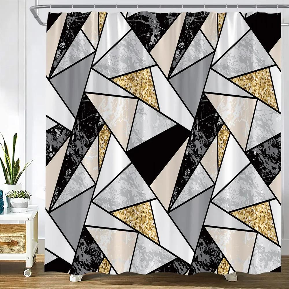 Abstract Marble Shower Curtains Retro Stone Wall Creative Black and White Plaid Geometric Bath Curtain Fabric Bathroom Decor Set