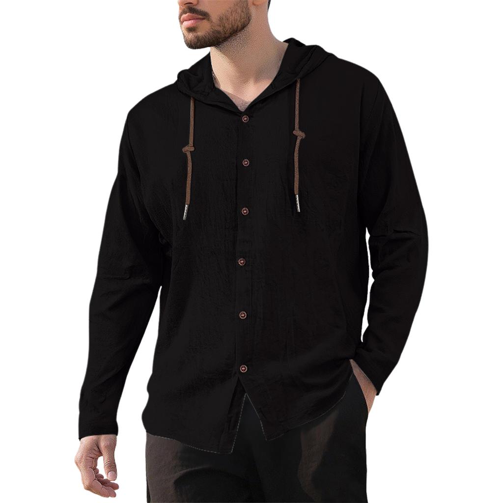 Men's Casual Cotton-Linen Blend Hooded Button-Down Shirt
