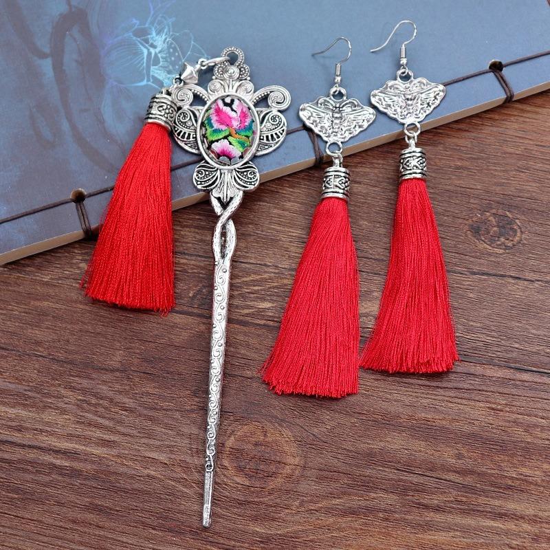 Vintage embroidery earrings hairpin classical temperament Miao peacock flower fringed earrings hair accessories set women