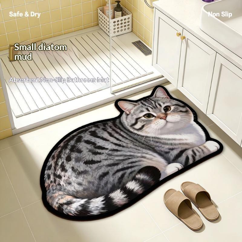 Diatomite Bath Mat Kawaii Cat Print Non Slip Super Absorbent Odor Resistant for Home Bathroom Shower Use